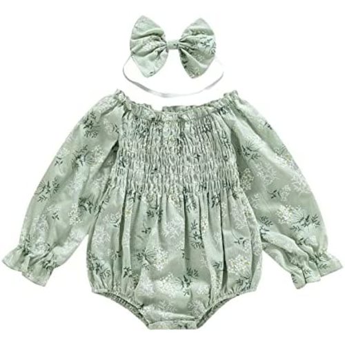 2pcs Baby Girl Smocked Bubble Romper Newborn Long Sleeve Off Shoulder Flowers Printed Ruffle Jumpsuit