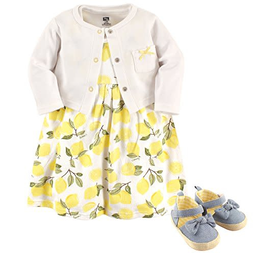 Hudson Baby baby-girls Cotton Dress, Cardigan and Shoe Set