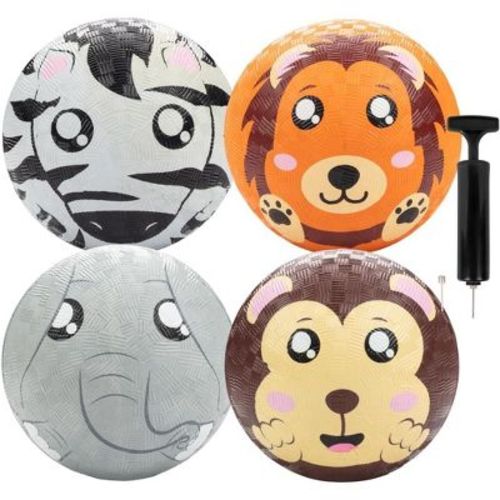 Gaga Ball 5 Inch Playground Balls with Air Pump (4 pk, Animals) Durable Rubber Balls Official Size for Dodgeball & Handball- Great for Springtime Play