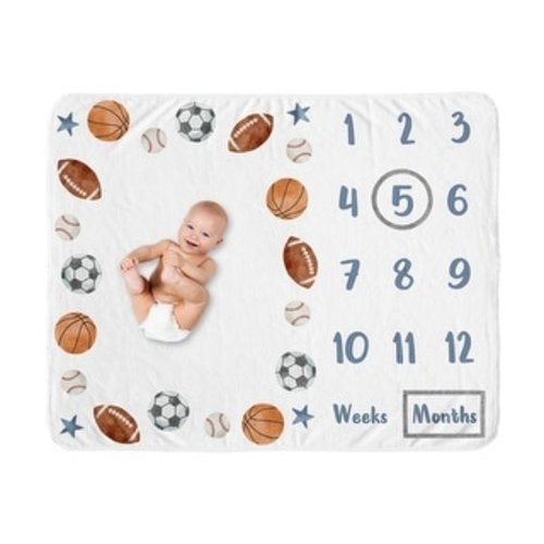 Sweet Jojo Designs Sports Theme Boy Baby Monthly Milestone Blanket Watercolor Soccer Balls Football Baseball Basketball Stars