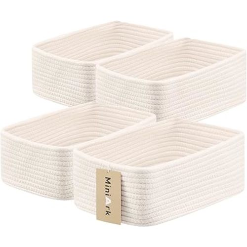 Shelf Storage Baskets for Organizing | Closet Organizer Bins | Small Toy Basket | Woven Rope Baskets | Cube Decorative Box | Shallow Basket | 11.5x7.5x4.7” | 4 Packs Off White