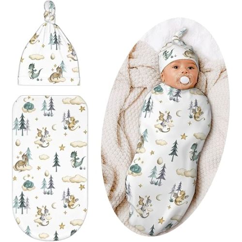 Dragon Swaddle Blanket with Hat for Baby, Swaddling Sleeping Sacks, Dragon Theme Baby Items Stuff, Shower Gifts for Boys Girls