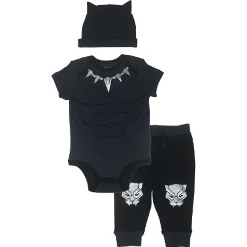 Marvel Avengers Black Panther Newborn Baby Boys Cosplay Bodysuit Pants and Hat 3 Piece Outfit Set 0-3 Months