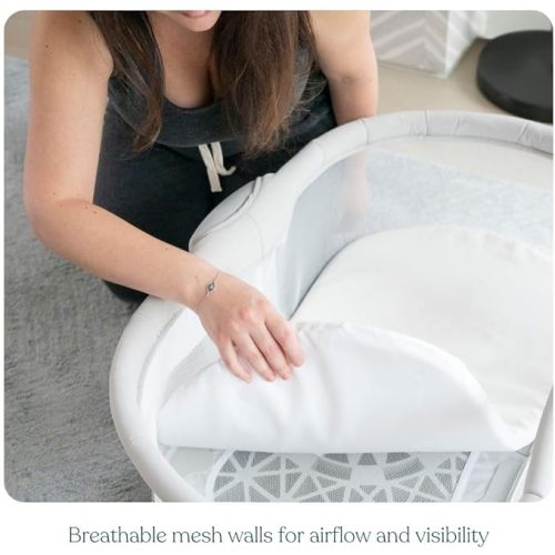 HALO BassiNest Soothing Swivel Sleeper 3.0S – Over-Bed Baby Bassinet with 360 Rotation, Adjustable Height, Breathable Mesh, Calm Sounds & Vibrations, Safe Close Sleeping, Lowering Wall for Easy Access