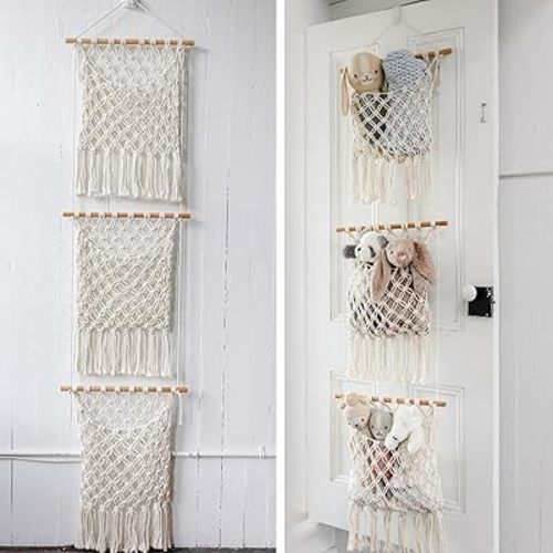 Sasa Macrame Over Door Organizer - 3-Tier Hanging Organizer with Canvas Pouch & Door Hook, Nursery Decor, Kid's Room, Playroom, Dorm, Storage for Stuffed Animals, Plushies, Blankets, Baby Essentials