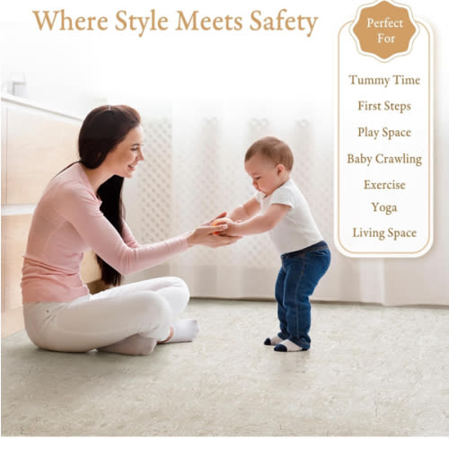 Premium Exercise & Baby Foam Play Mats - Stylish & Large Non-Toxic Odorless Floor Mat - 6 Tiles - Spacious 6ft x 4ft - Peel-Resistant Reinforced - Soft Thick, Waterproof - Pearl Beige