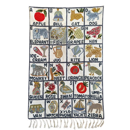 Handmade alphabet ABC crewel embroidered children's wall hanging tapestry | Sumbal | luxury new baby, first birthday or christening gift – Moppet