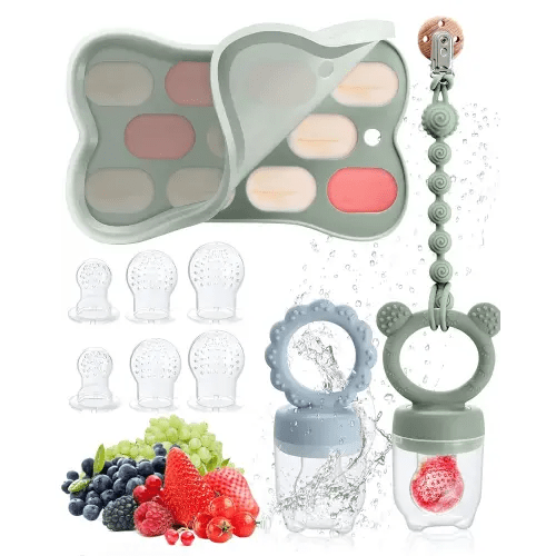 Mittimiya 2 Pack Baby Fruit Food Feeder & Baby Popsicle Mold & Pacifier Chain, Breastmilk Popsicle Molds for Cooling Relief, BPA Free Silicone Feeder for Teething & Infant Self Feeding