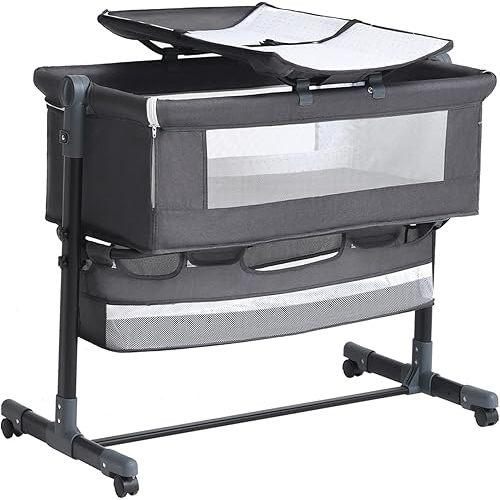Bedside Crib, 3 in 1 Bassinet with Quick Height Adjustment and Mosquito Nets Rocking Bassinet for Baby, Bedside Bassinet with Wheels, Easy to Fold, Golden Triangle Structure（Grey）