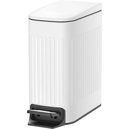 TIPGO Slim Bathroom Trash Can with Lid Soft Close, Step Pedal, 6 Liter / 1.6 Gallon Stainless Steel Trash Bin, Small Garbage Cans for Bedroom, Office, Kitchen (White)