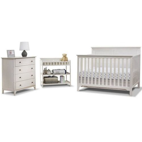 Sorelle Furniture Nursery Wood Baby Bed, Dresser & Bedroom Set - Farmhouse Room in a Box, Weathered White