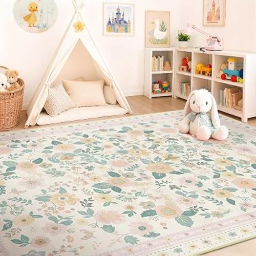 5x7 Area Rugs for Living Room Vacuum-Friendly Machine Washable Area Rug Flower Floral Printed Pattern Low Pile Non-Slip Carpet for Bedroom Hallway Entryway,Light Beige