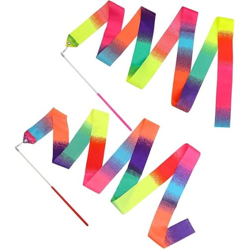 2pcs Rhythmic Dance Ribbons, 78.7 Inch Gymnastics Ribbon Dancer Wand Dancing Ribbon Streamers for Kids, Fits Artistic Dancing Gymnastics, Circus Carnival Shows, Baton Stick Twirling