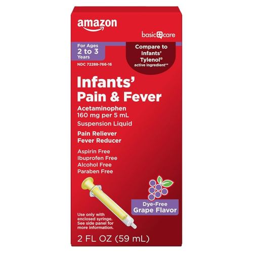 Amazon Basic Care Infants' Pain & Fever, Acetaminophen 160 mg per 5 mL, Suspension Liquid, Dye-Free Grape Flavor, 2 fl oz (Pack of 1)