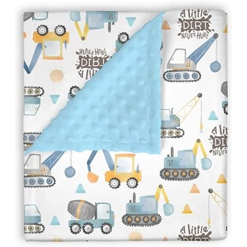 Mink Baby Boy Blanket Blue Yellow Construction Vehicle, A Little Dirty Never Hurt Double Layer Dotted Backing Receiving Swaddle, Newborn Infant Toddler Nursery Crib Bedding Shower Gift 30x 40
