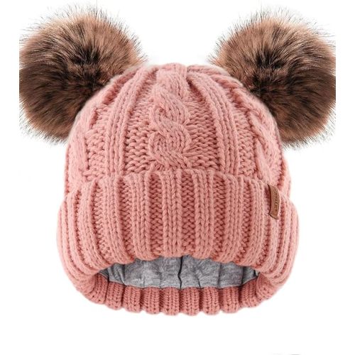 FURTALK Toddler Winter Hat Knit Beanie Double Faux Fur Pompoms Girls Boys
