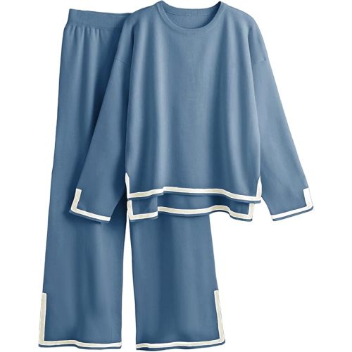 Faleave Women's Knit 2 Piece Outfits Long Sleeve Sweater Pullover Tops Wide Leg Pants Tracksuits Lounge Set