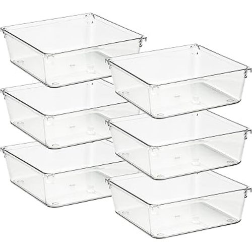 Ravinte 6 Pack Drawer Organizer - 6" X 6" Plastic Storage Bins, Acrylic Organizers with Non-Slip Pads Clear Desk Storage Tray for Makeup, Jewelries, Kitchen Utensils, Bathroom and Office
