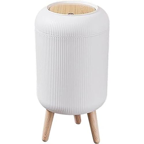 Trash Can with Lid for Bathroom, 2 Gallon/10 Liter Round Garbage Bin with Press Top Lid, Plastic Modern Wastebasket with Soft Close Lid, Garbage Container Bin for Bedroom, Living Room, Office (White)…