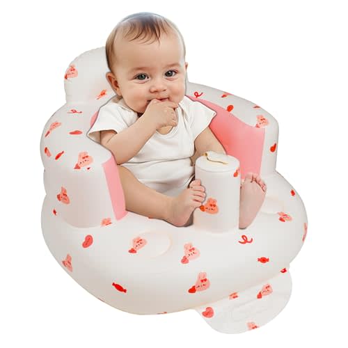 EKEPE Inflatable Baby Seat for Babies 3 Months & Up, Baby Floor Seats for Sitting Up, Baby Seats for Infants, Blow Up Baby Chair with Built in Air Pump - Pink Bunny