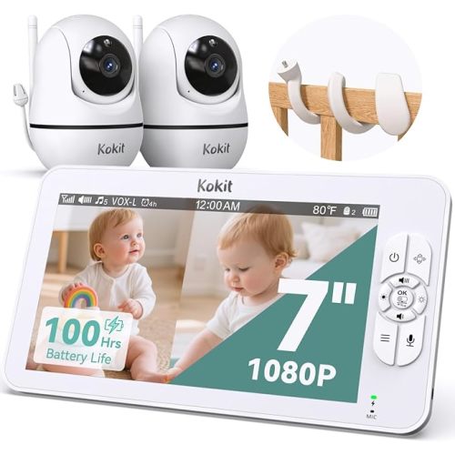 7" 1080P Full HD Split-Screen Baby Monitor,100 Hrs 5000mAh Battery Runs 4 Days with Flexible Bracket,No WiFi Baby Monitor with 2 FHD Cameras Hack-Proof,4X Zoom,2-Way Talk,Temp Alert/Lullabies/VOX