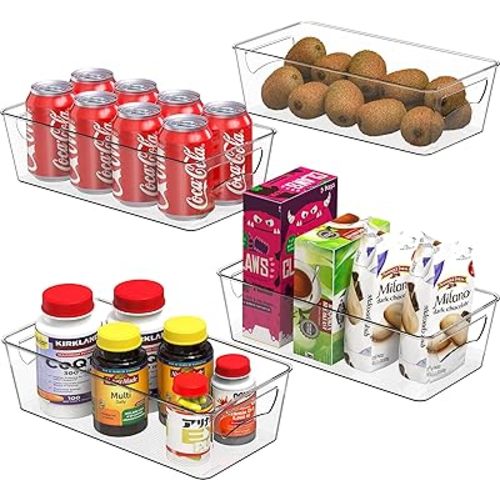 Simple Houseware Clear Storage Bins Organizer for Freezer / Fridge / Pantry, 12'' x 6.2'' x 3.4'', 4 Packs