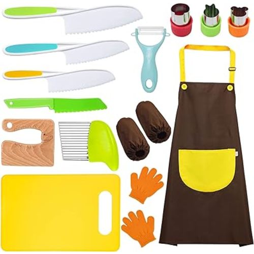 14 Pieces toddler knife, Kids Knife Set Include Wood Kids Safe Knife, Plastic Toddler Knife, Cutting Board, Apron, Y Peeler, Crinkle Cutter, Kitchen Sleeves Covers, Gloves, Sandwich Cutter