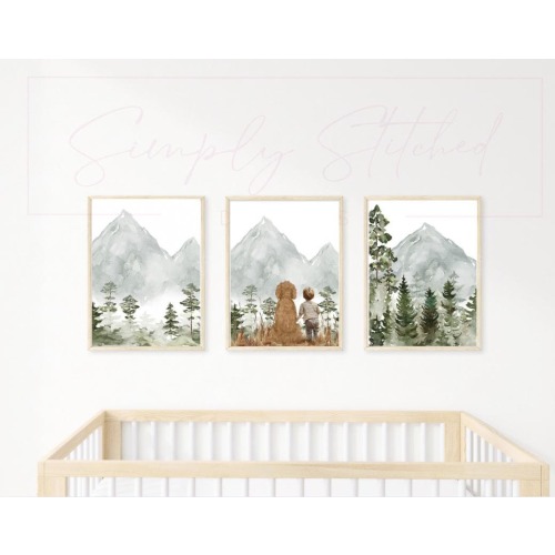 Customized Dog and Child Mountain Digital Print for Nursery