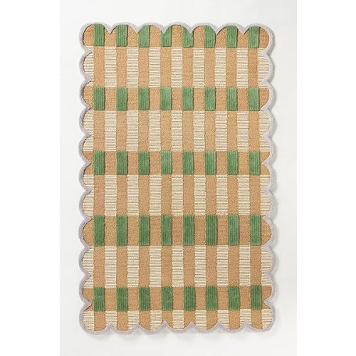 Hand-Tufted Wool Area Rug with Scalloped Edges, Beige and Green Plaid Pattern, Cozy and Soft Accent Rug for Living Room, Bedroom, and Nursery, Handmade Decorative Rug, 5x8 Ft