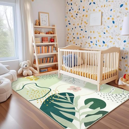 Capslpad Area Rugs 5x7, Washable Nursery Rug, Low Pile Soft Non-Shedding Playroom Carpet, Botanical Print Pink Rugs for Bedroom, Classroom, Living Room