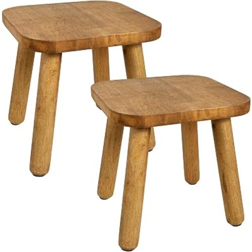 2 Pack Small Wooden Step Stools 9 Inch, Non-Slip One Step Stool Holds 300 lbs, Sturdy Bathroom Stool Plant Stand Square Footstool for Bedroom, Bathroom, Nursery, Easy Assembly