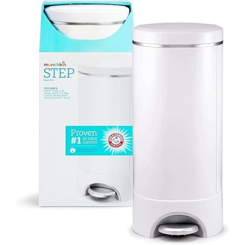 Munchkin® STEP™ Diaper Pail Powered by Arm & Hammer, #1 in Odor Control, Award-Winning, Includes 1 Snap, Seal & Toss™ Bag, 1 Starter Refill Ring, and 1 PUCK™ Baking Soda Cartridge
