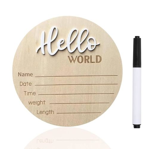 Baby Announcement Sign, ​5.9 Inch Wooden Hello World Newborn Signs, Birth Announcement Sign, Baby Shower Hospital Nursery for Newborn Boys and Girls (White,Pen)
