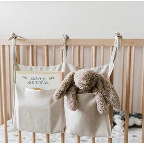 Linen Baby Bedside Hanging Storage Bag,2 Pockets Organizer for Baby Cribs and Toys (Burlywood)