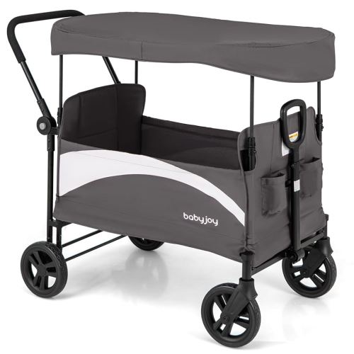 BABY JOY Collapsible Wagon Stroller for 2 Kids & Cargo, Push Pull Double Stroller w/Adjustable Handle Bar, Removable Canopy, Safety Harness, All Terrain Wheels, Foot Brake, Storage Pockets (Gray)