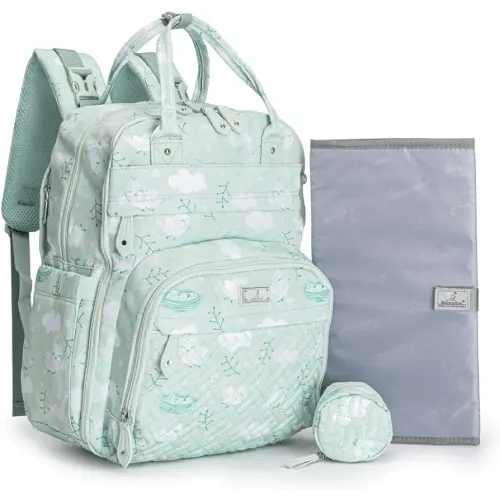 BabbleRoo Diaper Bag Backpack - Baby Essentials, Travel Essentials Baby Bag with Changing Pad, Stroller Straps & Pacifier Case - Unisex, Green Birdy