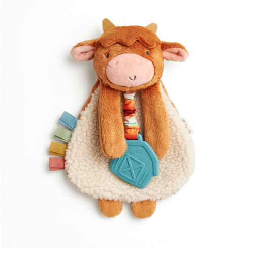 Itzy Ritzy - Itzy Lovey Including Teether - Baby Lovey with Teether, Textured Ribbons & Dangle Arms - Features Crinkle Sound, Sherpa Fabric and Minky Plush (Highland Cow)