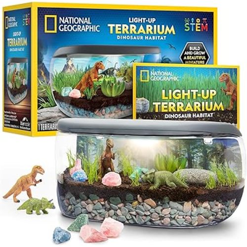 NATIONAL GEOGRAPHIC Light Up Terrarium Kit for Kids - Build a Dinosaur Habitat with Real Plants & Gemstones, Science Kit Gift for Boys & Girls, Dinosaur Toys for Kids (Amazon Exclusive)