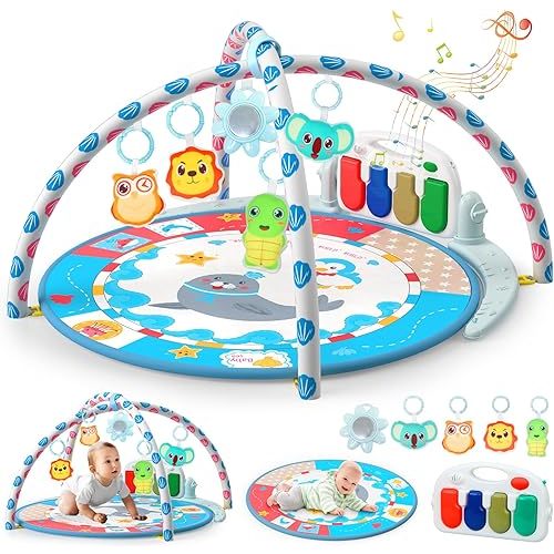 Baby Tummy Time Mat, Baby Gyms Playmats Activity Mat with 4 Toys and Mirror, Piano Keys with 40 Music, Multi-Functional Sensory Development Activity Gym for Infants and Toddlers 3 to 18 Month(Blue)