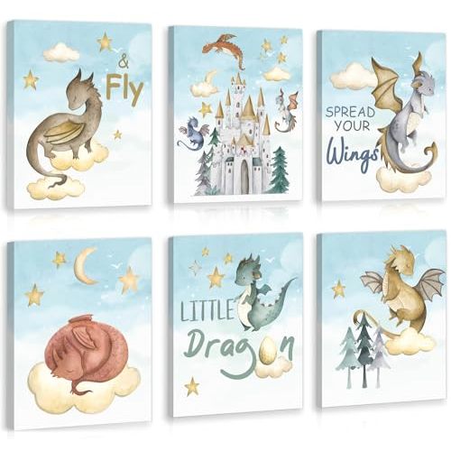CHDITB Dinosaur canvas Wall Art Nursery Wall Decor, Set of 6(8x10 inch) Cute Dream Dinosaur Cub Framed Art Prints, Sacinora Baby Dinosaurs Cartoon Castle Animals Poster Picture For Boy Kids Room Bedroom Children's Room Art Decorations