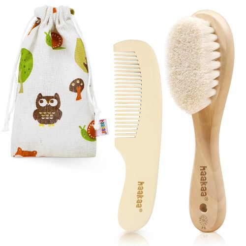 haakaa Baby Hair Brush and Comb Set for Newborns & Toddlers - Natural Soft Goat Bristles and Wooden Handle, Gently Grooms Baby's Hair, Ideal for Cradle Cap, Perfect Baby Gift, 2pk
