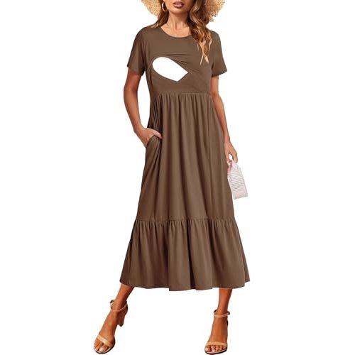 CzzzyL Women Nursing Short Sleeve Crew Neck Fall Dress Maternity Flowy Maxi Dresses Tiered Cocktail Dress with Pockets