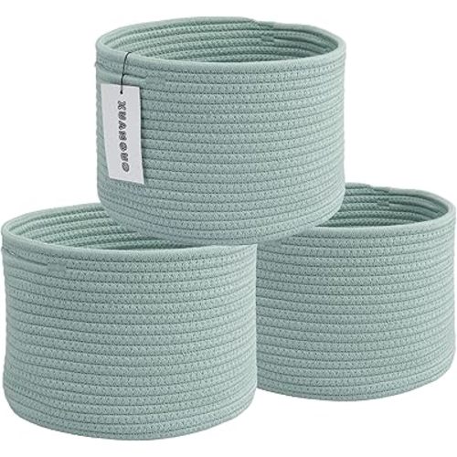 Woven Cotton Storage Baskets - 3-Pack Round Bins (10x10x7'') for Shelves, Closets & Bookcases | Durable Rope Organizers for Nursery, Baby, Toys, Easter & More (green)