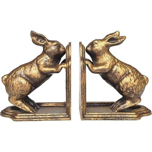 Decorative Bookend, Heavy Duty Cast Iron, Vintage Shelf Decor, Antique Brown (Antique Gold Bunny)