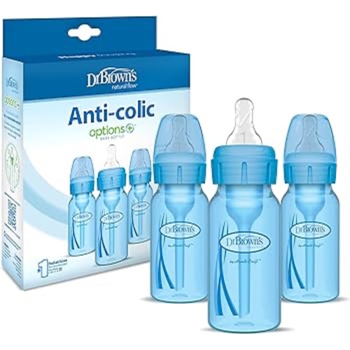 Dr. Brown's Natural Flow Anti-Colic Options+ Narrow Baby Bottles 4 oz/120 mL, with Level 1 Slow Flow Nipple, 3 Pack, 0m+ Blue