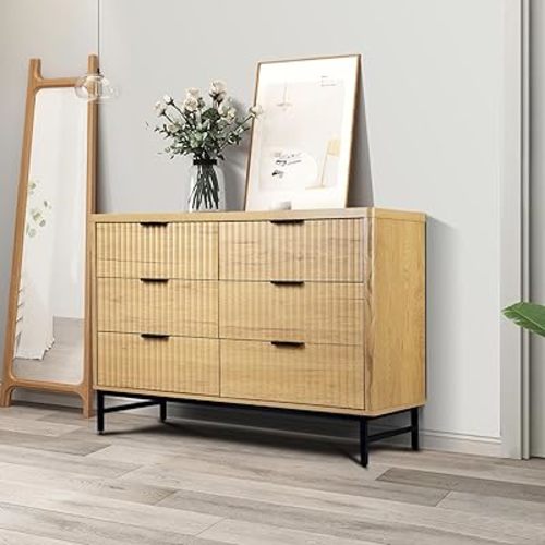 Dresser for Bedroom, Fluted 6 Drawer Dresser, Modern Wooden Chest of Drawers with Metal Handles for Living Room, Bedroom, Hallway (Natural Oak)