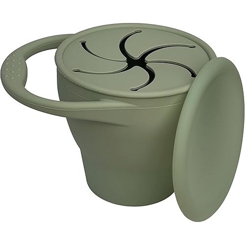 BraveJusticeKidsCo. | Snack Attack Snack Cup | Collapsible Silicone Snack Container | Toddler and Baby Snack Catcher Lid (Desert Sage)