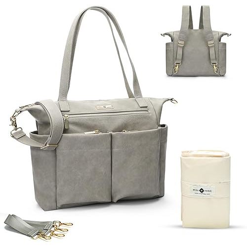miss fong Diaper Bag Tote Baby Bag Leather Diaper Backpack Large Diaper Tote Bag for girls & boys Diaper Bag Purse with 11 Pockets,Changing Pad, Stroller Straps,4 Insulated Pockets