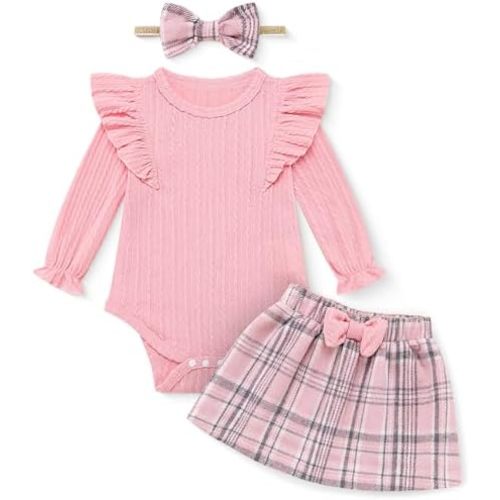 Weixinbuy Baby Girl Fall Skirt Outfits Toddler Long Sleeve Romper Plaid Skirt with Headband Newborn Infant 0-18M Clothes Set