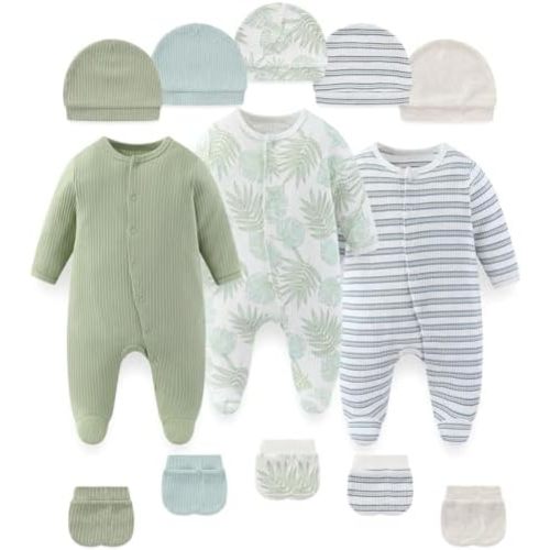 Fashion Baby Boy Girl Clothing Set Cotton Soft 3-Piece Long Sleeve Button Rompers 5-Pack Hats&Gloves Infant Clothes